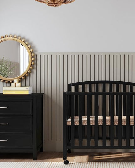 DaVinci Dylan Folding Portable 3-in-1 Convertible Mini Crib and Twin Bed in Ebony, Greenguard Gold Certified - LeafyLoom