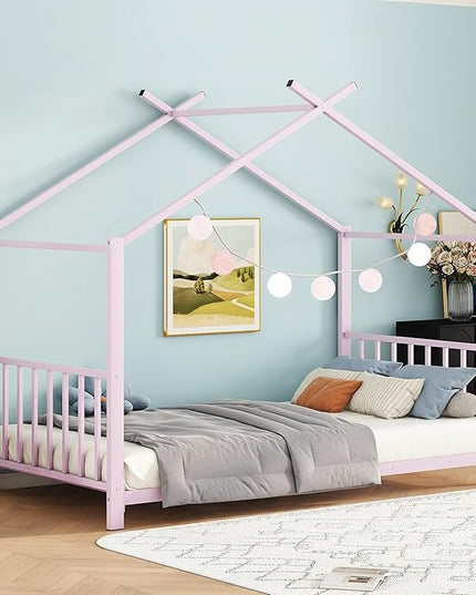 Twin Size Kids Montessori Floor Bed,House Bed Frame with High Headboard,Twin Floor Bed with Roof for Boys Girls,Floor Bed Metal Frame (Pink) - LeafyLoom