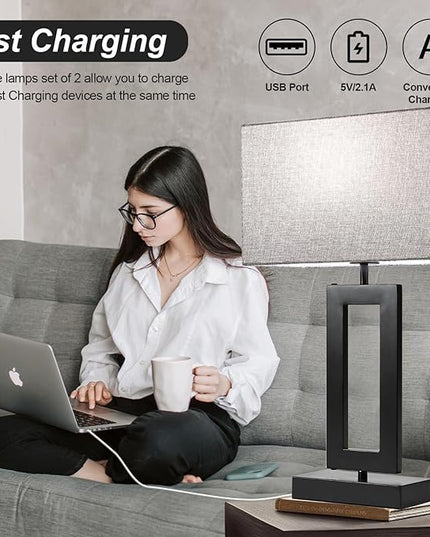 22’’ Tall Set of 2 Touch Control Table Lamp w. 2 USB Ports, 3-Way Dimmable Modern Bedroom Bedside Touch Lamps w. Fabric Gray Shade for Living Room End Table Nightstand Reading - LeafyLoom