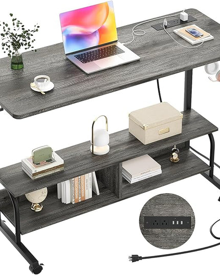 Height Adjustable Standing Desk with Power Outlets, 47" Manual Stand Up Desk with Storage Shelves Small Mobile Rolling Computer Desk Portable Laptop Table with Wheels for Home Office, Grey Oak - LeafyLoom