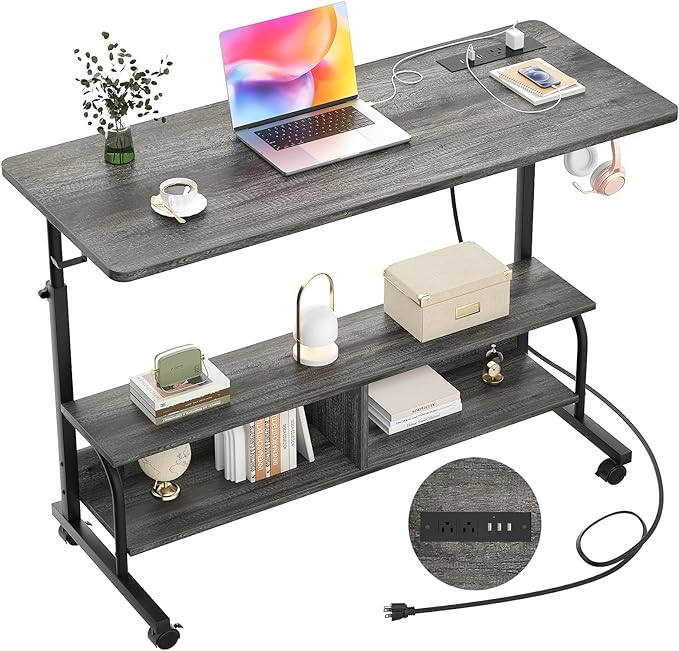 Height Adjustable Standing Desk with Power Outlets, 47" Manual Stand Up Desk with Storage Shelves Small Mobile Rolling Computer Desk Portable Laptop Table with Wheels for Home Office, Grey Oak - LeafyLoom