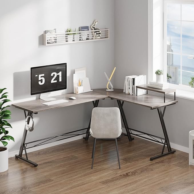 Casaottima Gaming Desk L Shaped Computer Desk, Corner Desk for Home Office with Monitor Stand 66", Gray Oak - LeafyLoom