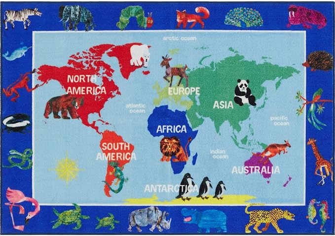 Eric Carle Elementary World Map Kids Machine Washable Area Rug Blue/Red, 6'6"x9'5" - LeafyLoom