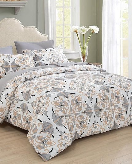 EMME Twin Comforter Set - Grey White Floral Bedding Set 5 PCS with Geometric Flowers Pattern, Soft Plant Printed Botanical Bed Set with Sheets,Fluffy Bed Bag for All Season(68"X90") - LeafyLoom