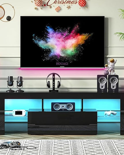 LED TV Stand for Televisions up to 55 inches, Entertainment Center and Media Console with Storage Drawers and Glass Shelves for Living Room, Bedroom - LeafyLoom