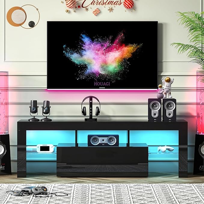 LED TV Stand for Televisions up to 55 inches, Entertainment Center and Media Console with Storage Drawers and Glass Shelves for Living Room, Bedroom - LeafyLoom