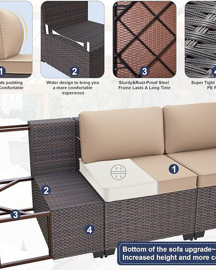 Patio Furniture Set 9PCS Outdoor Furniture for Backyard Wicker Sectional Sofa Set, Rattan Patio Conversation Set with Thickened Cushions and Glass Coffee Table, Sand - LeafyLoom