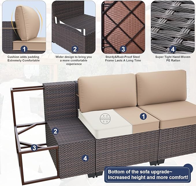 Patio Furniture Set 9PCS Outdoor Furniture for Backyard Wicker Sectional Sofa Set, Rattan Patio Conversation Set with Thickened Cushions and Glass Coffee Table, Sand - LeafyLoom