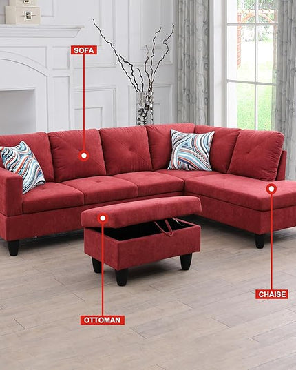 L-Shaped Sectional Couches with 66.5'' Chaise Lounge & Storage Ottoman Modular Room Sofas for Home Office Apartment, Large Living Furniture, 97'' Right Hand Facing, Red Flannelette - LeafyLoom