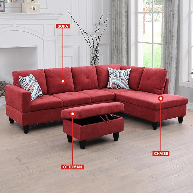 L-Shaped Sectional Couches with 66.5'' Chaise Lounge & Storage Ottoman Modular Room Sofas for Home Office Apartment, Large Living Furniture, 97'' Right Hand Facing, Red Flannelette - LeafyLoom