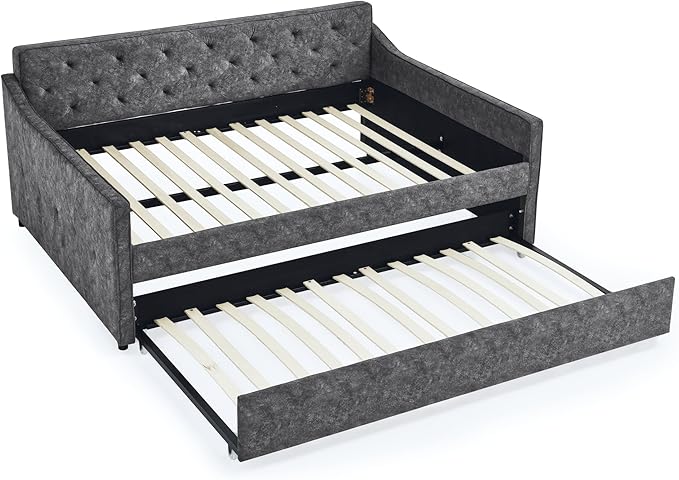 Full Size Daybed with win Size Trundle, Upholstered Tufted Day Bed, with Button Back and Waved Shape Arms, Wood Slat Support, No Spring Box Need, for Bedroom, Livingroom, Grey - LeafyLoom