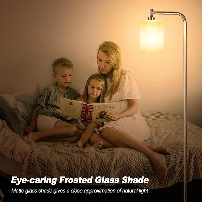 QiMH Floor Lamps for Living Room, Modern LED Standing Reading Light for Bedroom with Glass Shade, Tall Industrial 3 Colors Dimmable Pole Lamp with Foot Control for Home Office Corner Decor (Silver) - LeafyLoom