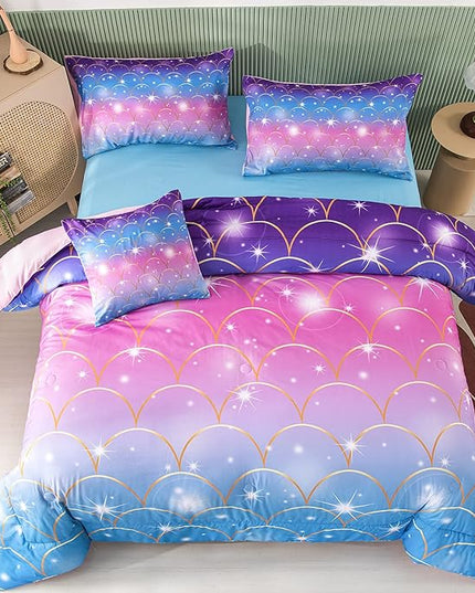 PERFEMET 6Pcs Pink Mermaid Comforter Set Queen Size 3D Glitter Bed in A Bag for Teens Girls Women Colorful Rainbow Bedding Set with Comforter and Sheets Ultra Soft Fuzzy Bed Comforter Quilted Set - LeafyLoom