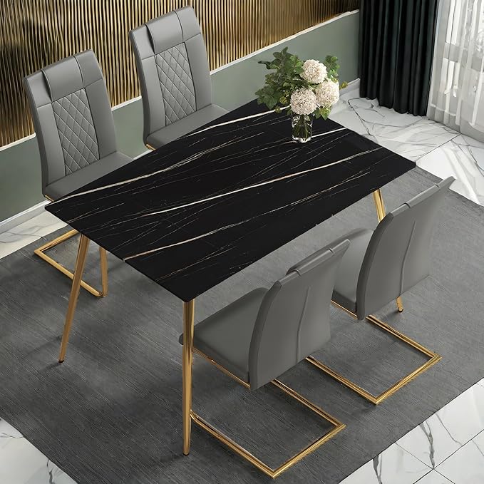 NicBex Modern Minimalist Rectangular Black Imitation Marble Dining Table 0.3 Inches Thick Gold Color Metal Legs Suitable for Kitchen, Dining Room, and Living Room, Black - LeafyLoom