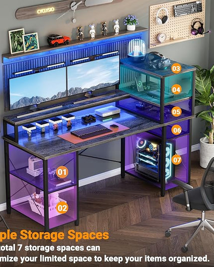 Cyclysio 55 inch Gaming Desk with LED Light, Adjustable Computer Desk with Storage Shelves, Home Office Desk with Power Outlets, Computer Gaming Desk with Long Monitor Stand for Small Space, Grey - LeafyLoom