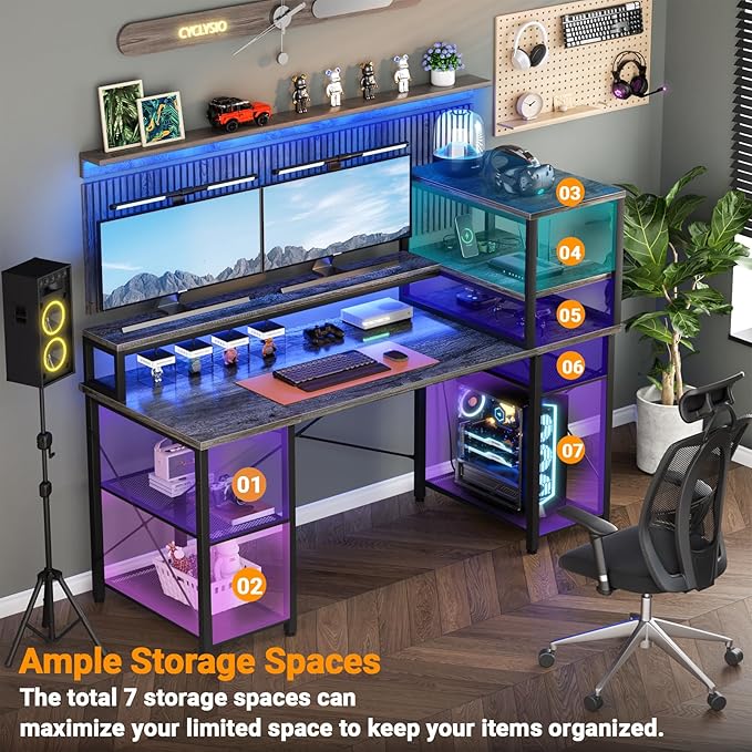 Cyclysio 55 inch Gaming Desk with LED Light, Adjustable Computer Desk with Storage Shelves, Home Office Desk with Power Outlets, Computer Gaming Desk with Long Monitor Stand for Small Space, Grey - LeafyLoom
