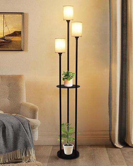 Floor Lamp with Shelves, Modern Floor Lamps for Living Room, 3-Lights Standing Lamp with Linen Shade and Foot Switch, Industrial Standing Lamps for Bedroom, Black Tall Table Lamp for Office - LeafyLoom