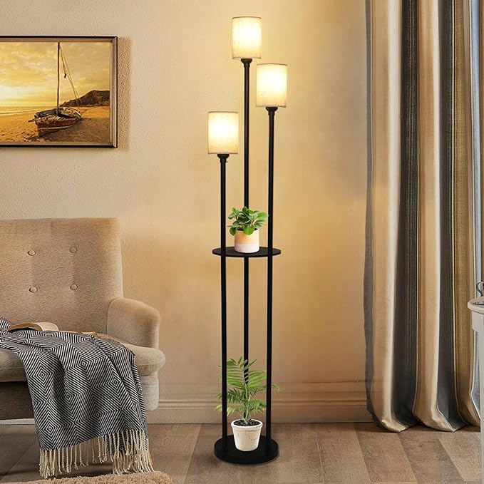 Floor Lamp with Shelves, Modern Floor Lamps for Living Room, 3-Lights Standing Lamp with Linen Shade and Foot Switch, Industrial Standing Lamps for Bedroom, Black Tall Table Lamp for Office - LeafyLoom