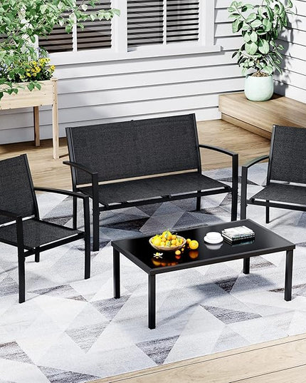 Greesum 4 Pieces Patio Furniture Set, Outdoor Conversation Sets for Patio, Lawn, Garden, Poolside with A Glass Coffee Table, Black - LeafyLoom