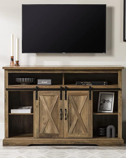 Walker Edison 52" Farmhouse TV Stand and 40" Modern Farmhouse Metal X Coffee Table, Rustic Oak - LeafyLoom