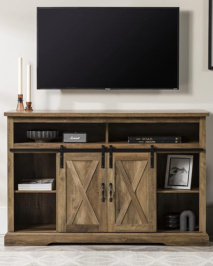 Walker Edison Clayton Farmhouse Sliding Double Barn Door TV Stand for TVs up to 58 Inches, 52 Inch, Rustic Oak - LeafyLoom