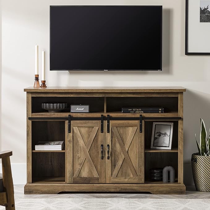 Walker Edison Clayton Farmhouse Sliding Double Barn Door TV Stand for TVs up to 58 Inches, 52 Inch, Rustic Oak - LeafyLoom