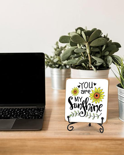 You Are My Sunshine Motivational Desk Decor, Sunflower Wood Plaque with Stand Decorations for Woman Office Home Bathroom -A38 - LeafyLoom