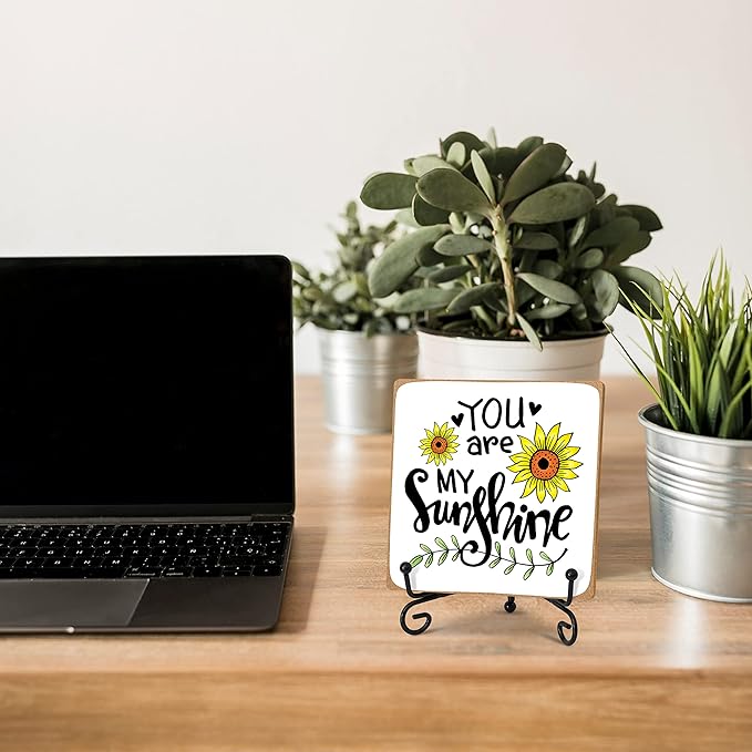 You Are My Sunshine Motivational Desk Decor, Sunflower Wood Plaque with Stand Decorations for Woman Office Home Bathroom -A38 - LeafyLoom