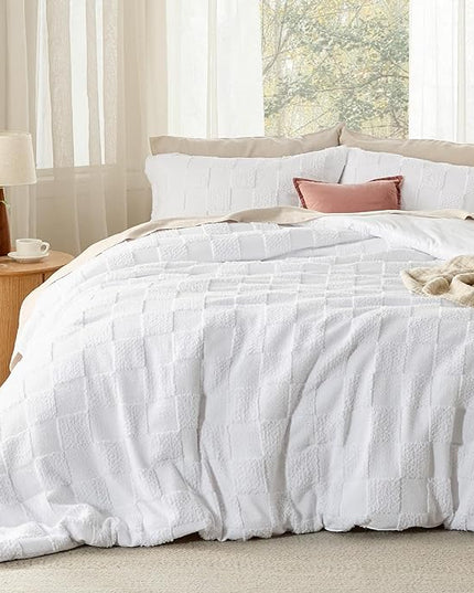 Bedsure King Size Comforter Set White, Boho Tufted Bedding Comforter Set, Checkered Farmhouse Shabby Chic Bed Set, 3 Pieces, 1 Plaid Geometric Comforter and 2 Pillow Shams - LeafyLoom