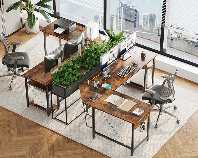 Coleshome L Shaped Computer Desk 66" with Power Outlet & Storage Shelves, Corner Sturdy Writing Desk Workstation, Modern Wooden Office Gaming Desk, Wood & Metal, Vintage - LeafyLoom