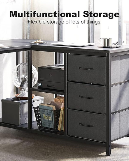 Treesland L Shaped Desk with Drawers, Computer Desk with Storage & Shelves, Corner Desk with Storage, Home Office Desks with Drawers, L Shape Desks with Storage, Black - LeafyLoom