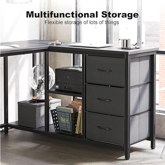 Treesland L Shaped Desk with Drawers, Computer Desk with Storage & Shelves, Corner Desk with Storage, Home Office Desks with Drawers, L Shape Desks with Storage, Black - LeafyLoom