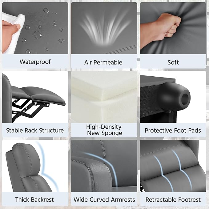 Yaheetech Recliner Chair PU Leather Recliner Sofa Home Theater Seating with Lumbar Support Overstuffed High-Density Sponge Push Silver Gray Recliners - LeafyLoom