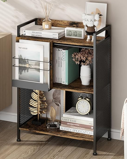 3 Tier Large Bookshelf with Storage Cabinet, Metal Industrial Bookcase Storage Organizer with Sliding Door, Open Standing Shelf Unit for Bedroom, Living Room, Home Office, Rustic Brown - LeafyLoom