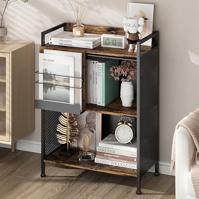 3 Tier Large Bookshelf with Storage Cabinet, Metal Industrial Bookcase Storage Organizer with Sliding Door, Open Standing Shelf Unit for Bedroom, Living Room, Home Office, Rustic Brown - LeafyLoom