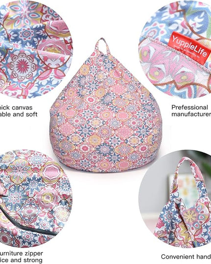 YuppieLife Kids Storage Bean Bag Cover（No Filling） Toy Organizer|Carrying Handle Sofa|Available for Kids and Teenager|Cuddle Chair|Machine Washable and Durable（27“,Pink Flowers） - LeafyLoom