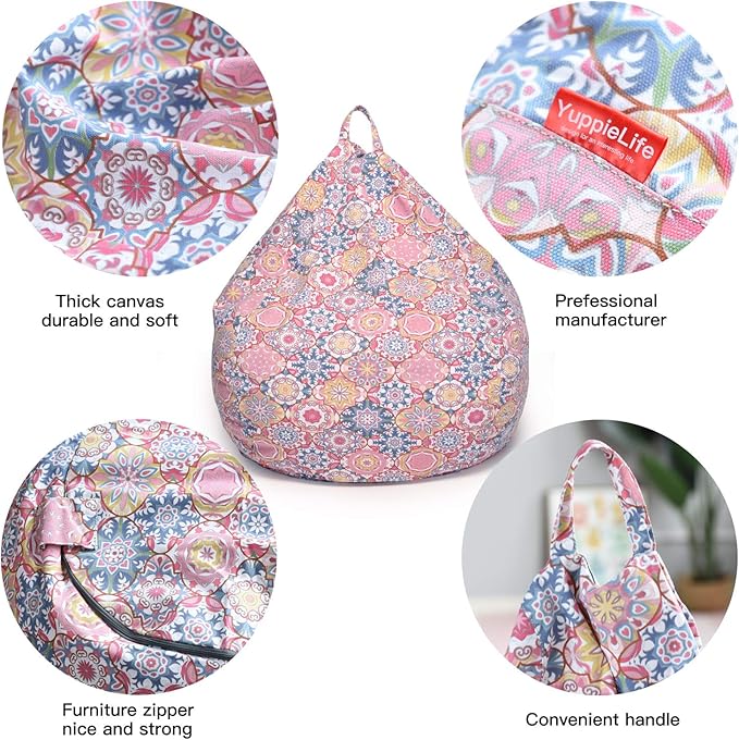 YuppieLife Kids Storage Bean Bag Cover（No Filling） Toy Organizer|Carrying Handle Sofa|Available for Kids and Teenager|Cuddle Chair|Machine Washable and Durable（27“,Pink Flowers） - LeafyLoom