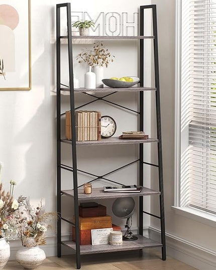 Yusong Bookshelf, Ladder Shelf 5-Tier Bookcase for Bedroom, Industrial Book Shelves Storage Rack with Metal Frame for Home Office, Gray - LeafyLoom