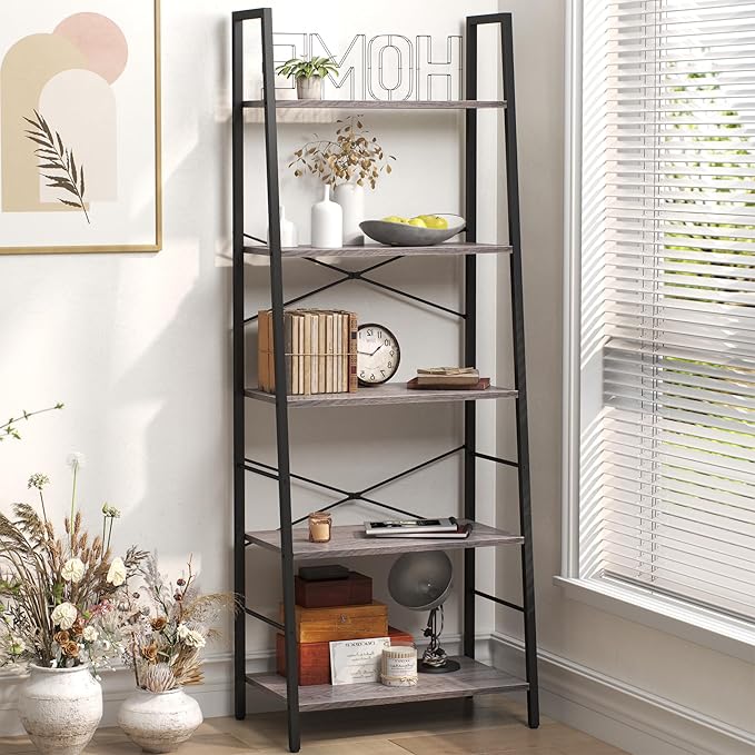 Yusong Bookshelf, Ladder Shelf 5-Tier Bookcase for Bedroom, Industrial Book Shelves Storage Rack with Metal Frame for Home Office, Gray - LeafyLoom