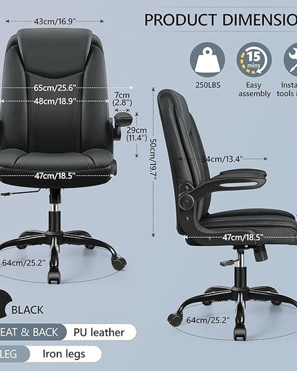Office Chair Ergonomic Computer Desk Chair, Executive Leather Office Chair with Adjustable Flip-up Armrests Height, Swivel Task Chair with Lumbar Support Rocking Function for Home Office(Black) - LeafyLoom