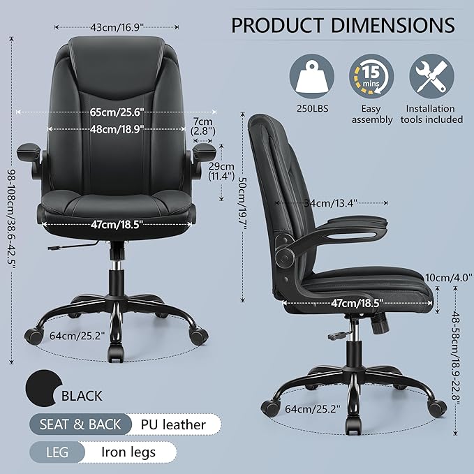 Office Chair Ergonomic Computer Desk Chair, Executive Leather Office Chair with Adjustable Flip-up Armrests Height, Swivel Task Chair with Lumbar Support Rocking Function for Home Office(Black) - LeafyLoom