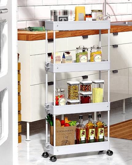 SPACEKEEPER Slim Rolling Storage Cart 4 Tier Bathroom Organizer Mobile Shelving Unit Storage Rolling Utility Cart Tower Rack for Kitchen Bathroom Laundry Narrow Places, Gray - LeafyLoom