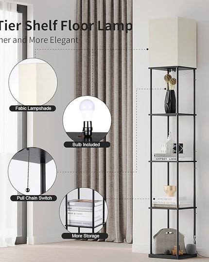SUNMORY 5 Tier Floor Lamp with Shelves, Modern Square Standing Lamp with 3 Color Temperature Bulb, Corner Display Bookshelf Lamp for Living Room and Bedroom, Tall Shelf Floor Lamp - LeafyLoom
