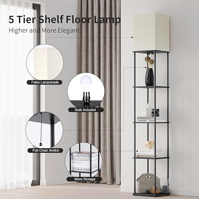 SUNMORY 5 Tier Floor Lamp with Shelves, Modern Square Standing Lamp with 3 Color Temperature Bulb, Corner Display Bookshelf Lamp for Living Room and Bedroom, Tall Shelf Floor Lamp - LeafyLoom