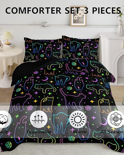 Black Cat Bedding Cartoon Cat Comforter Set Queen,Moon Stars Printed Kids Bedding Set for Boys Girls Adults Room Decor,Kids Comforter Set All Season,1 Quilt 2 Pillow Cases,Neon Color Purple Blue Green - LeafyLoom