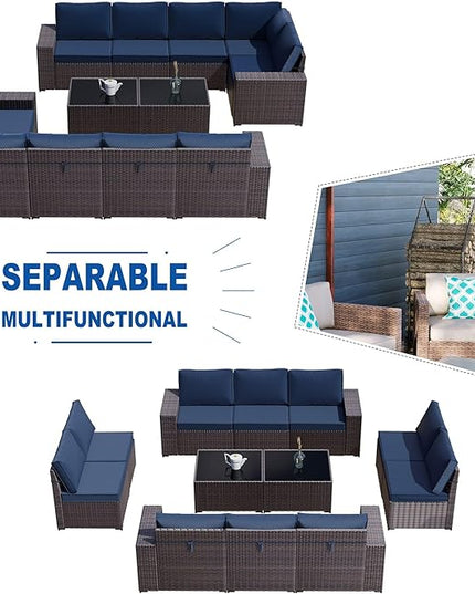 Kullavik 12PCS Outdoor Patio Furniture Set PE Wicker Rattan Sectional Sofa Patio Conversation Sets,Navy blue - LeafyLoom