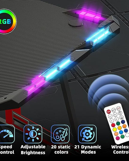 Gaming Desk with LED Lights, 47 Inch Computer Desk for Home Small Space, Gaming Table with Carbon Fiber Surface, PC Gamer Desk for Kids Boys Men, Black - LeafyLoom