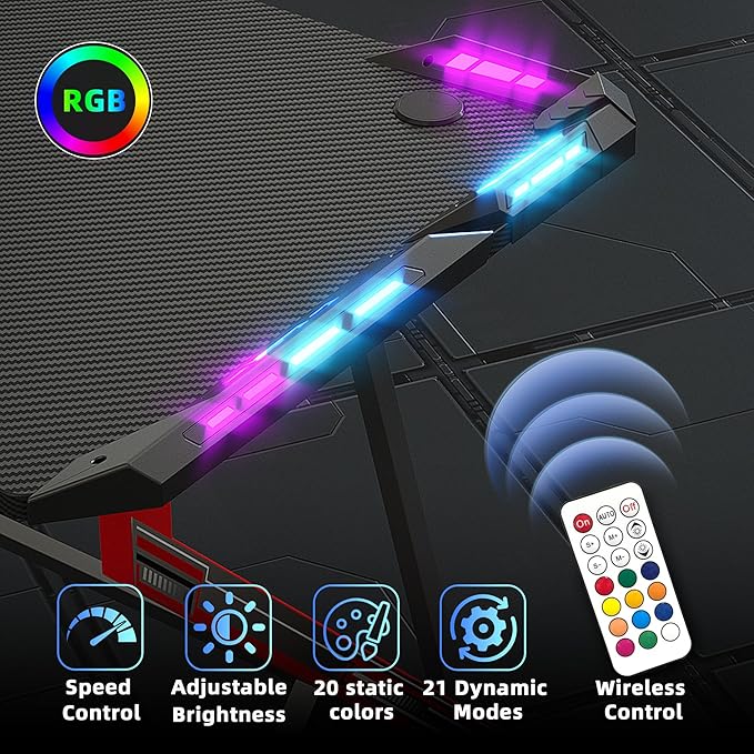 Gaming Desk with LED Lights, 47 Inch Computer Desk for Home Small Space, Gaming Table with Carbon Fiber Surface, PC Gamer Desk for Kids Boys Men, Black - LeafyLoom