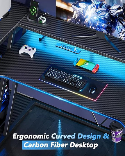 Computer Gaming Desk with Power Outlet & LED Lights, 47 Inch L Shaped Gamer Table with Storage Shelves for Bedroom, Reversible Corner Home Office Desk, Carbon Fiber Black - LeafyLoom