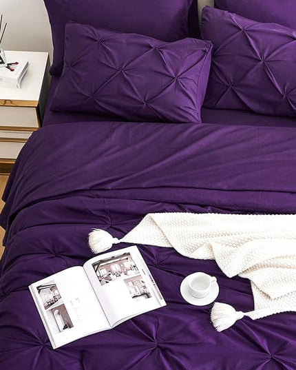 Ubauba 5pc Twin Size Comforter Set with Sheets, Purple Pintuck 5 Piece Bed in a Bag with Comforter, All Season Pinched Bedding Comforters & Sets (Purple,Twin) - LeafyLoom